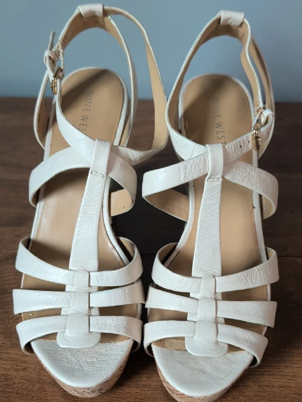 Nine West White Strappy Cork Wedge Sandals